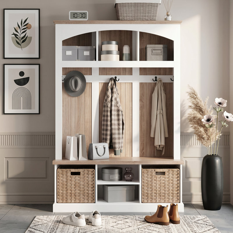 66.9" H Hall Tree Storage Rack - 5 Hooks + 3 Storage Compartments + Double Bamboo Baskets