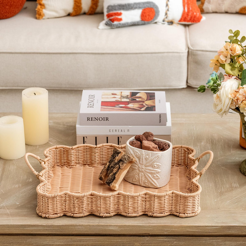 Scalloped Edge Rectangle Wicker Serving Tray with Handles, Decorative Coffee Table Tray, Waterproof, 1 Piece