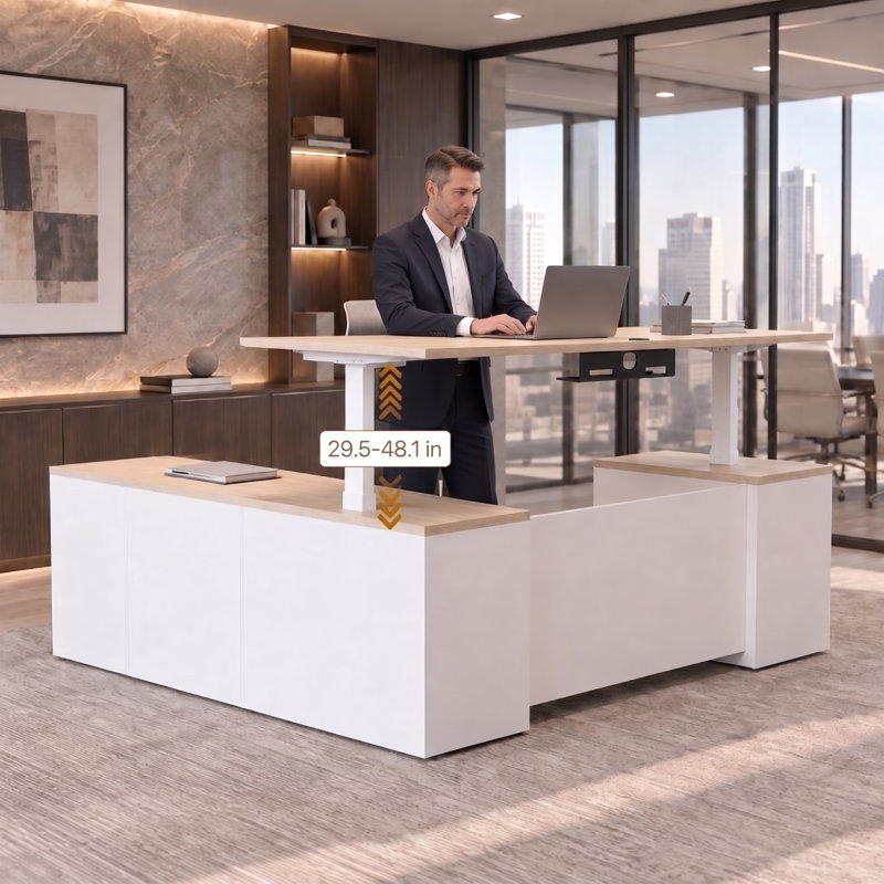 Bureau assis-debout de direction de luxe en forme de L avec caisson de rangement, réglable en hauteur électrique, avec prises électriques, ports USB, étagères de rangement et tiroir verrouillable, blanc.