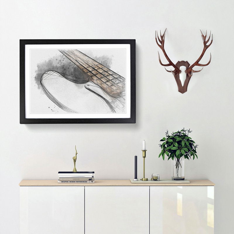 Strings of a White Bass Guitar in Abstract - Framed Print, 27cm H x 36cm W x 2cm D, Black Framed