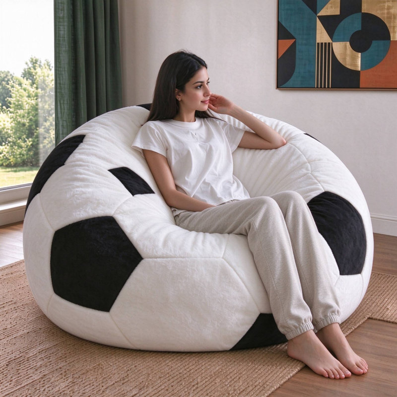 Pouf sphérique en peluche de soccer, pouf en peluche courte avec poignée de transport intégrée pour la chambre et le salon