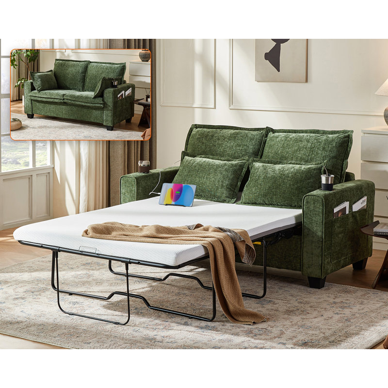 2-in-1 Pull-out Full Side Rv Sleeper Sofa Bed Convertible Chenille Sofa With 20w Fast Charging Led Light Memory Foam Couch Layered Cushion Trim