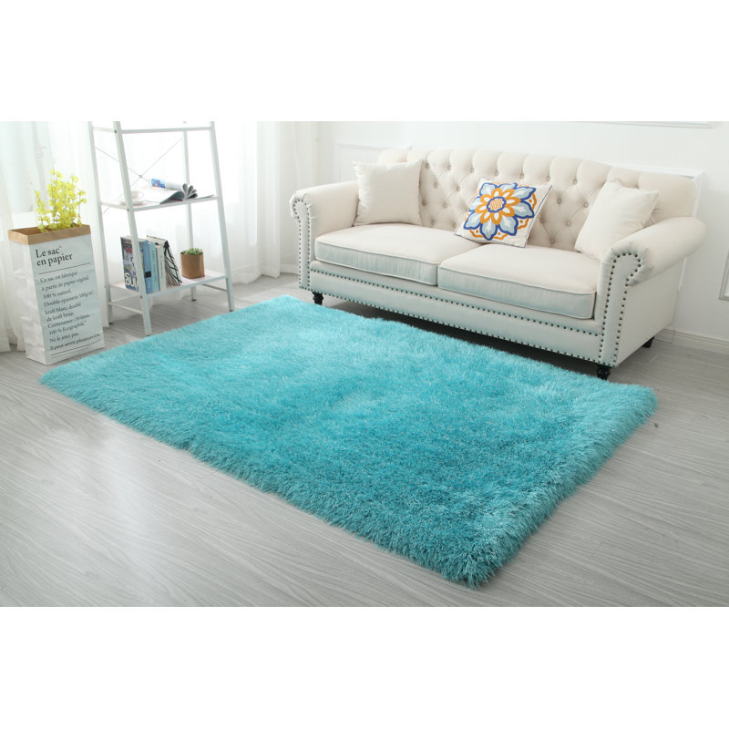 Tapis bleu sarcelle à poils longs Tyrese, Rectangle 2 pi 5 po x 4 pi 5 po