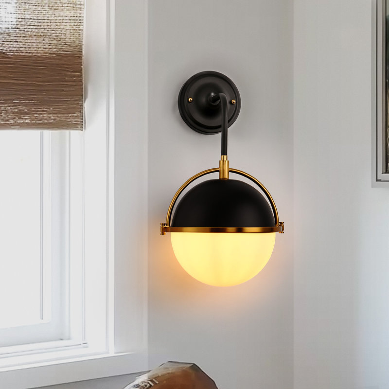 10 In 1-Light Black And Gold Wall Sconce With White Globe Shade,Modern Light Fixture For Bedroom, Hallway