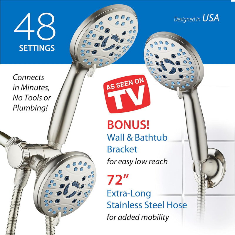 High-Pressure Shower Combo: 48-Setting Rain & Handheld, Anti-Clog Nozzles, Long Hose, Satin Nickel Brass