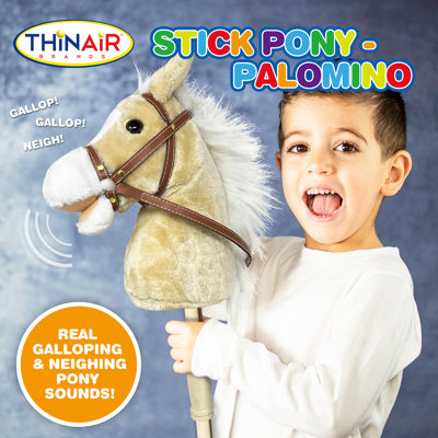 Playful Minds: Stick Pony - Palomino - Brun clair, 34 "Wood Stick Ride-On, 12" tête de cheval en peluche, sons d'animaux réalistes, bride et rênes, enfants 3+