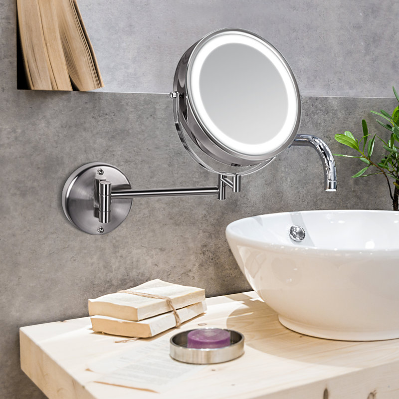 8.5" Wall-Mounted Double Sided Lighted Wall-Mounted Mirror - Brushed Nickel, Premium Brass Construction, Installation Hardware Included