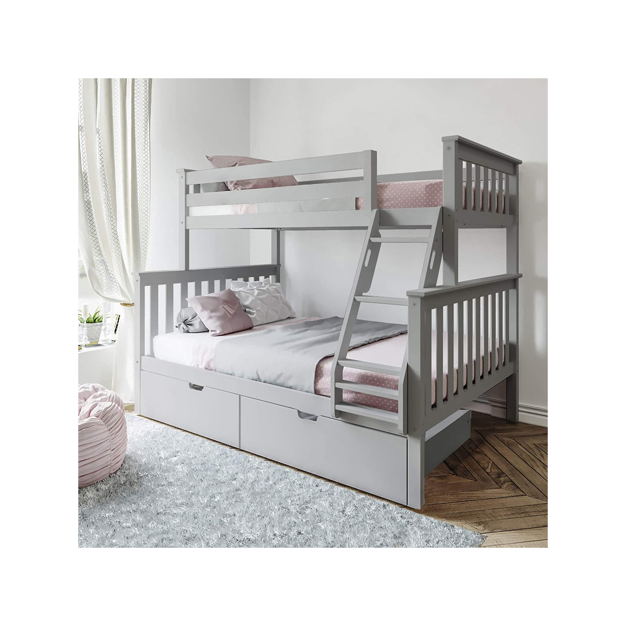 Bolles Kids Bunk Bed with Drawers, Twin over Full, Gray