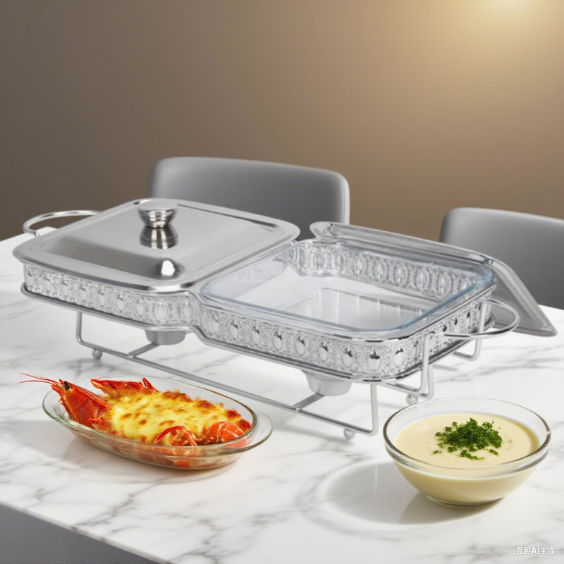 Dual-compartment Rectangular Glass Chafing Dish Set