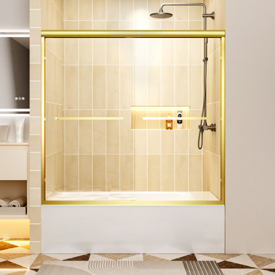 60 " X 57 " Aluminum Frame 1/4" Tempered Glass Double Sliding Bathtub Door Stainless Steel Handles, Gold