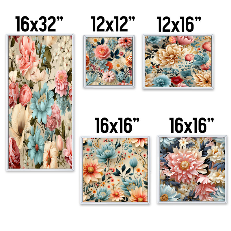 Pastel Shades Garden Delight - motif victorien - ensemble de 5 impressions sur toile florales, Cadre flottant blanc