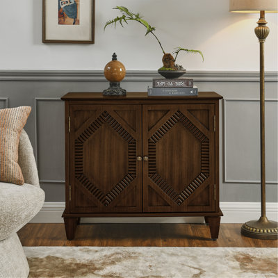 33.6" Retro Wooden Sideboard Buffet Cabinet With Storage, Symmetrical Geometric Accent Display Cabinets, Media Console Credenza For Living Room/Entryway/Dining Room/Kitchen, Walnut