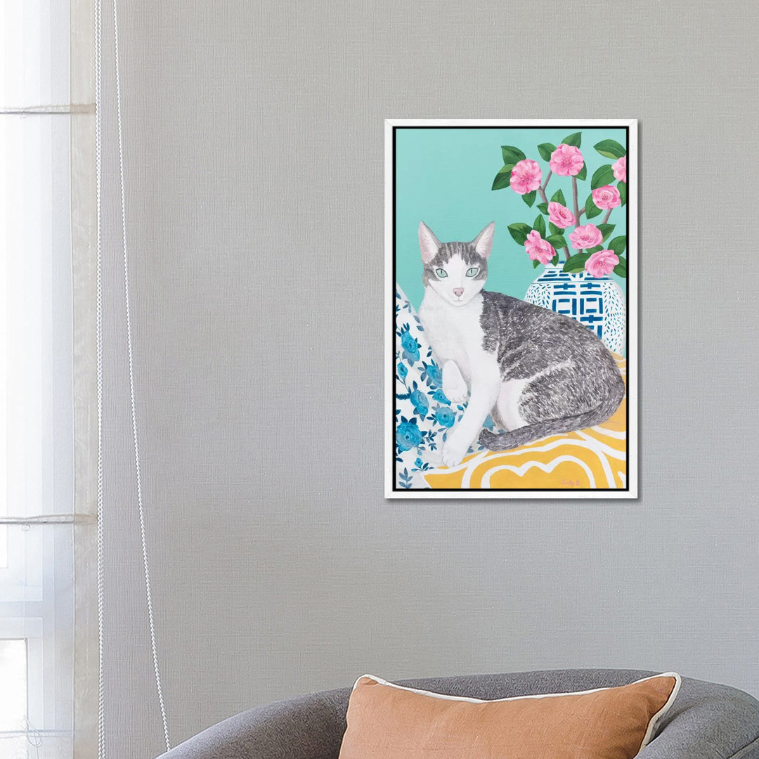 Cat with Cushions and Chinoiserie Vase by Sally B - Graphic Art Print on Canvas