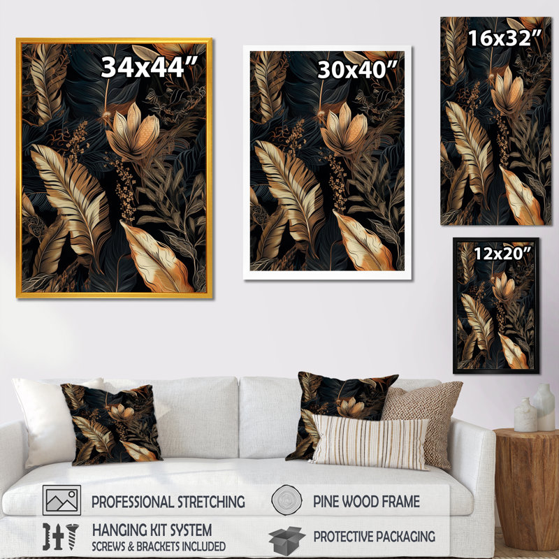 Feuille d'or tropicale sérénade II - impression, H 20 po x l 12 po x P 1 po, Cadre flottant noir
