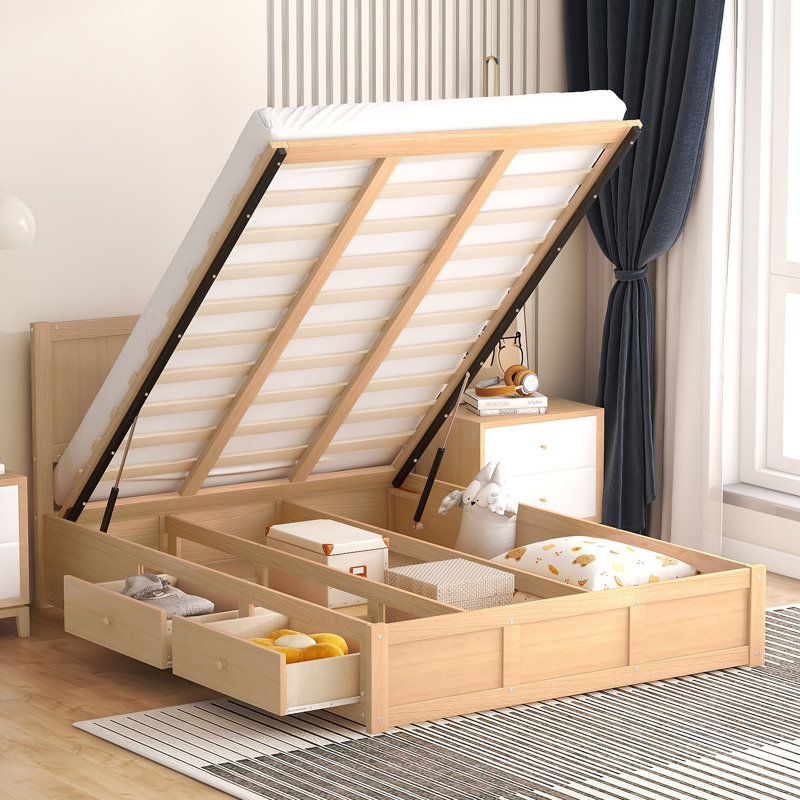 Lit plateforme en bois avec rangement inférieur et 2 tiroirs, Lit double