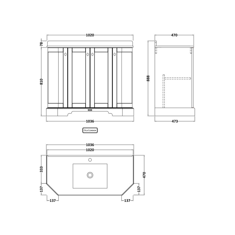 Old London 1000mm Free-standing Single Vanity, White, Timeless Sand