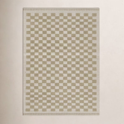 Azle Beige Tan Hand-Woven Checkered Wool Rug