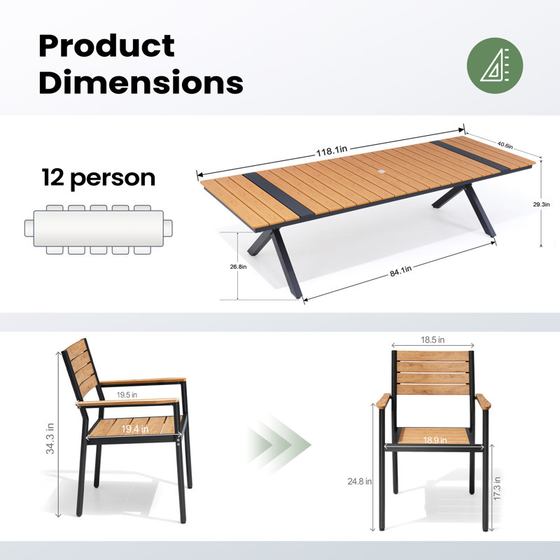 12 - Person 118.1'' W x 40.6'' D Aluminum Outdoor Patio Dining Set with Stackable Chairs, Brown/Black
