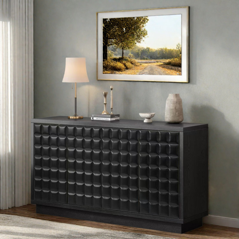 Buffet moderne avec portes géométriques 3D, garniture en métal et cloisons réglables