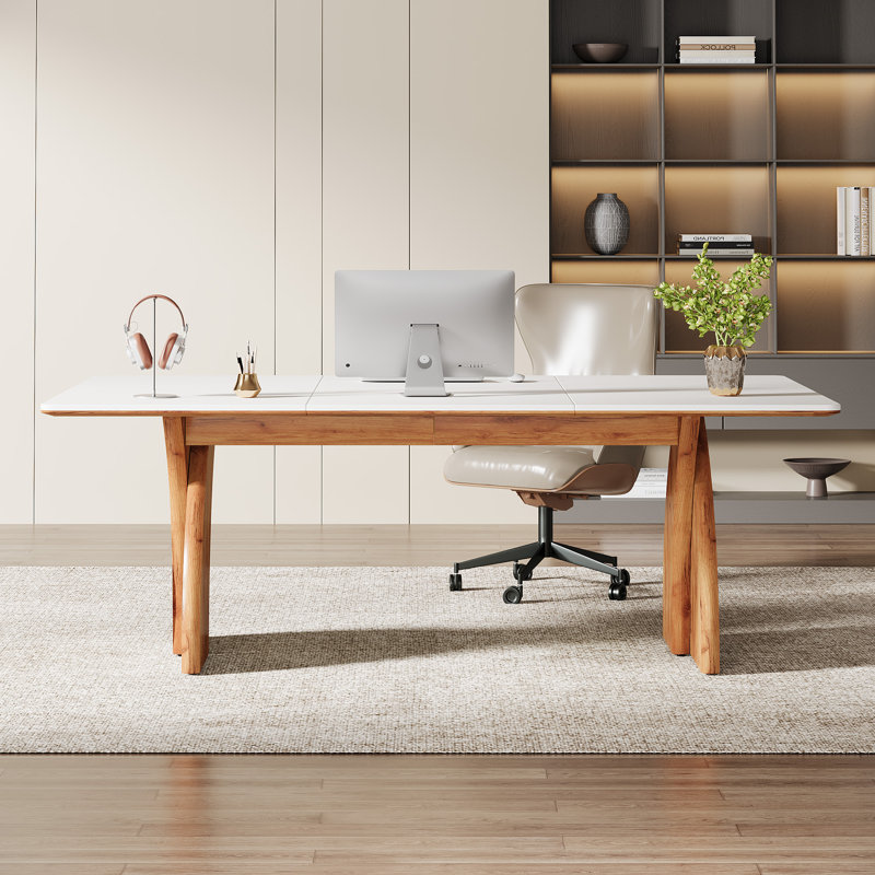 Bureau de direction 63 po avec pieds en bois épaissi, grand bureau d'ordinateur moderne