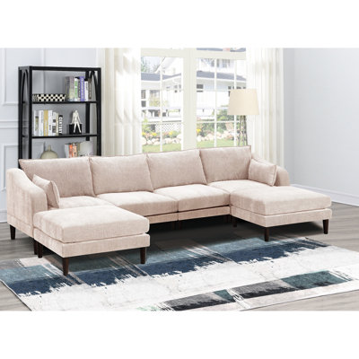 Canapé d'angle modulaire moderne 6 pièces, rose poudré, revêtement en suédine, fauteuils, coussins, pieds en bois, mobilier de salon, suédine, canapé, sur pattes