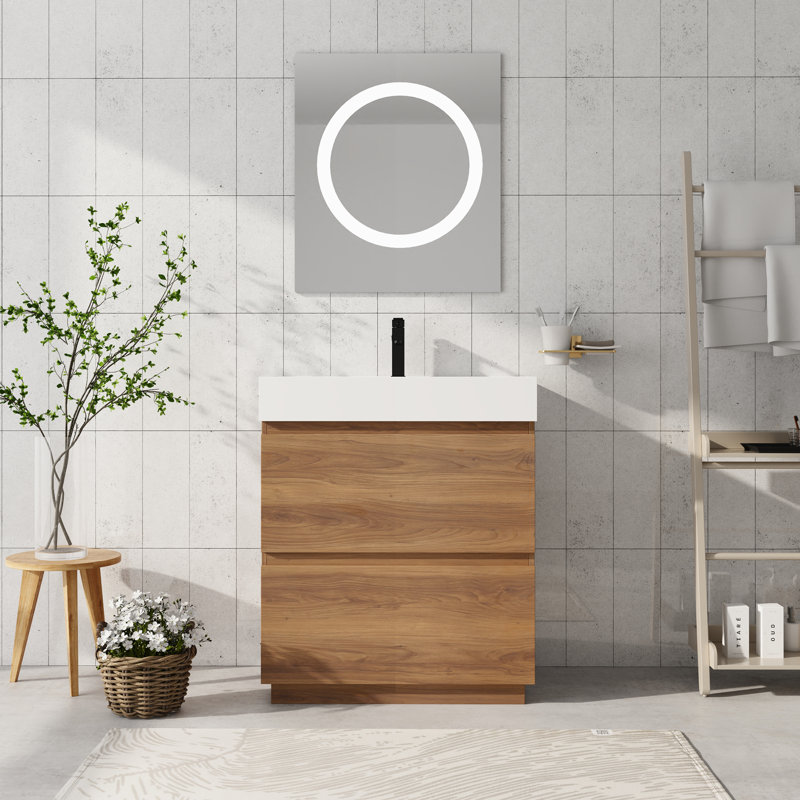 Meuble-lavabo autoportant 29 1/2 po noyer Brownebony - armoire en bois d'ingénierie avec lavabo en résine de qualité supérieure et tiroirs à fermeture douce