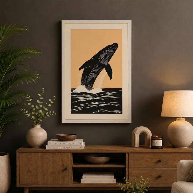 Breaching Whale Coastal - Wrapped Canvas, 18x12 - 45.7 x 30.5 cm, Ochre Border