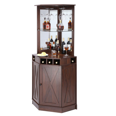 Corner Industrial Bar Cabinet, 40.8x13x72.4 inch, MDF, 1 Piece, Wine Cabinet, Black Walnut, with Glass Holder