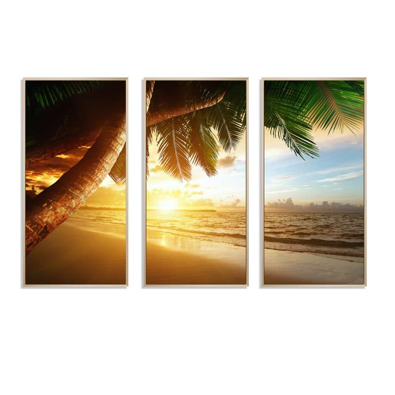 Beautiful Beach Under Palms - Sea & Shore, ensemble de 3 toiles murales encadrées, H 28 po x l 36 po x P 1 po