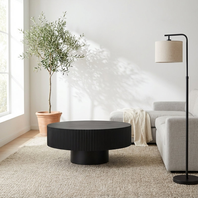 Table basse moderne à piédestal cannelé moderne, Noir, H 13,78 po x L 30,31 po x l 30,31 po