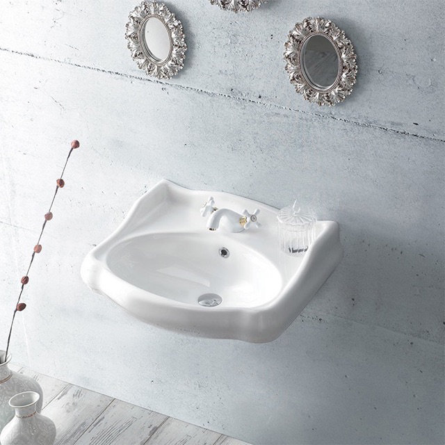 1837 White Ceramic Wall Mount Bathroom Sink with Overflow CeraStyle by Nameeks Faucet