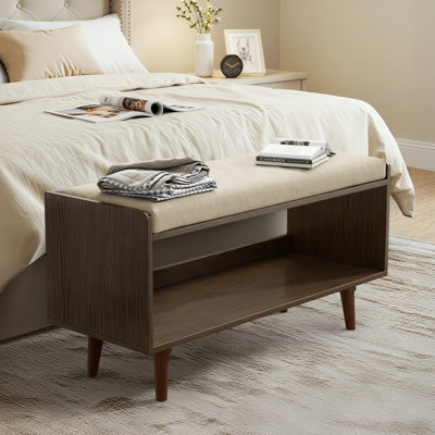 Linen Upholstered Storage Bench With Solid Wood Leg