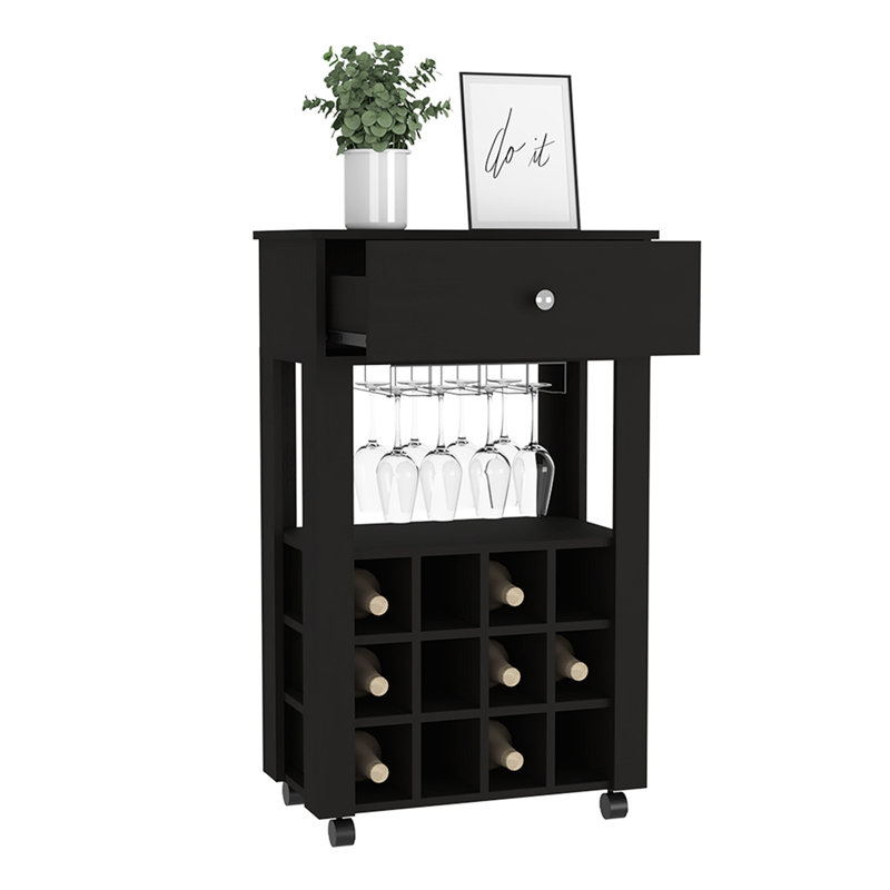 Chariot-bar roulant avec rangement pour bouteilles de vin, Noir