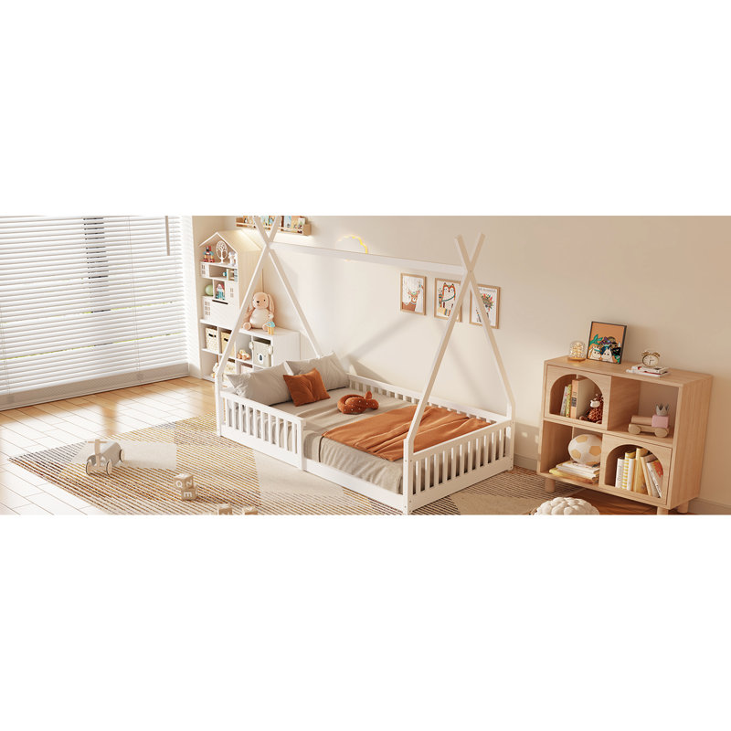 Lit simple en bois blanc avec clôture - pour décor de chambre à coucher, White