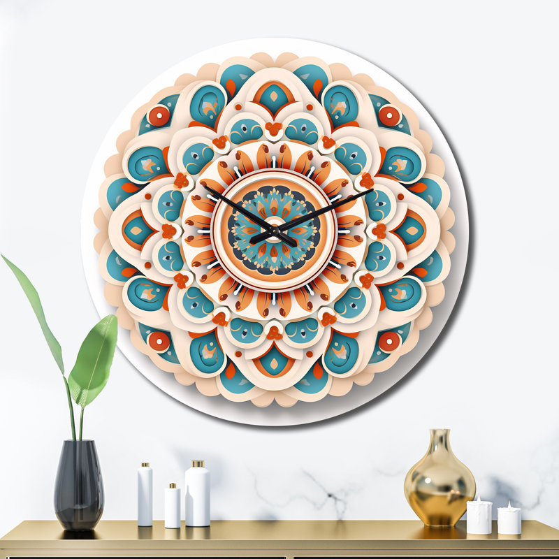 Horloge murale en métal - Mandala sacré en bleu et orange rétro, Très grand