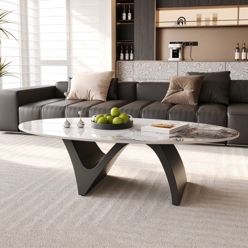 51" Modern Oval Coffee Table, Glossy Sintered Stone Table top With N-Shaped-Steel Base