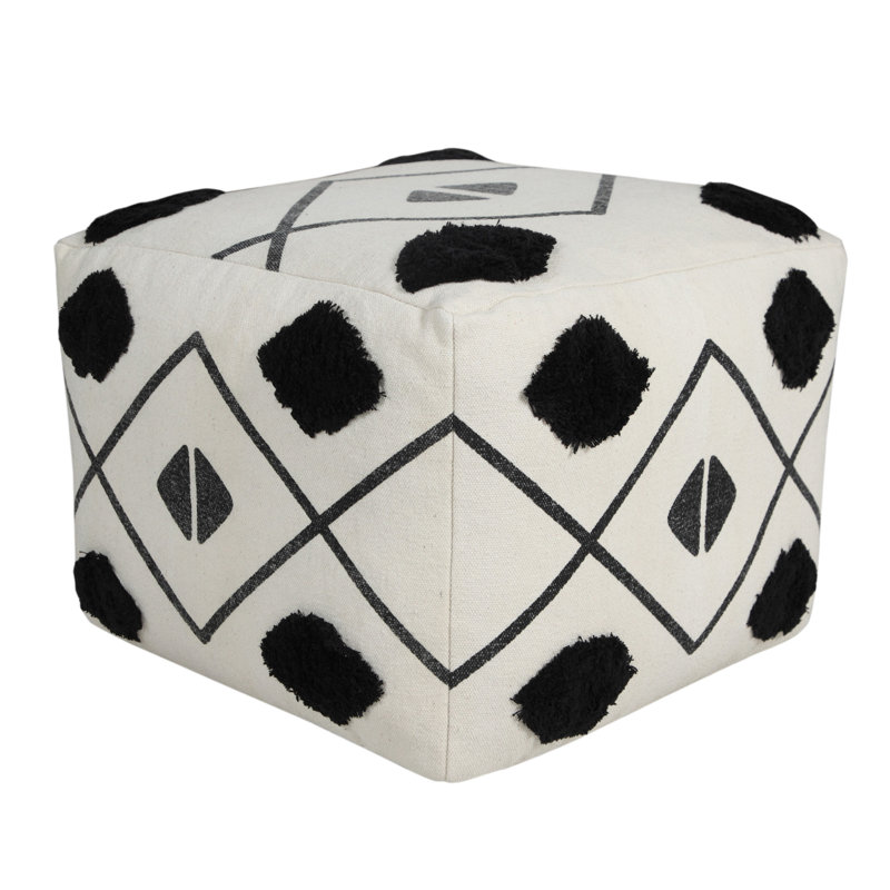 Ivory and Black Diamond Tufted Square Pouf Ottoman, 18" x 14"