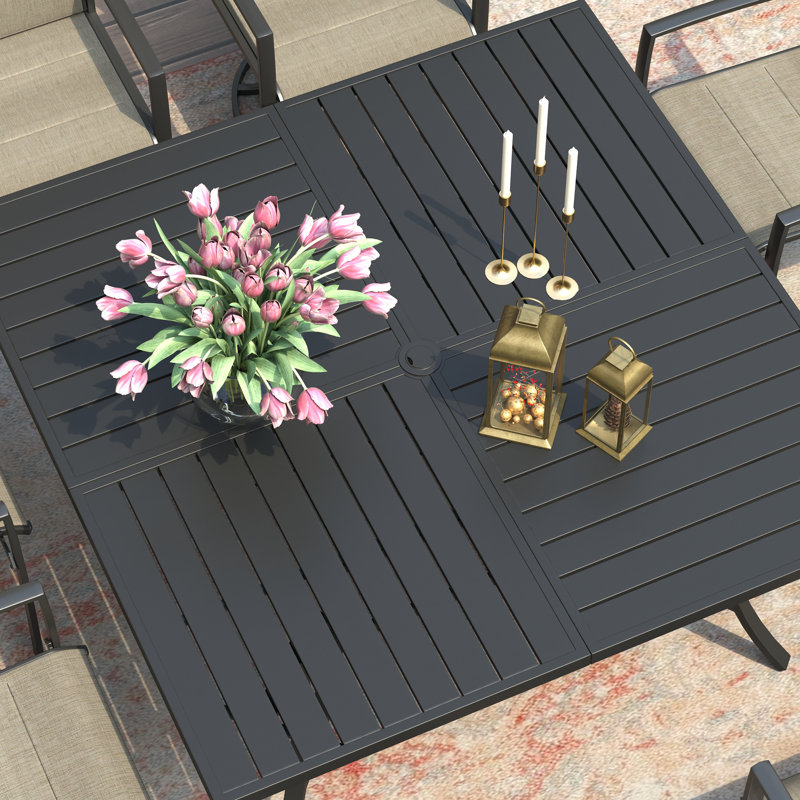 Patio Dining Set with 8 Padded Swivel Dining Chairs and 59" Square Dining Table, Black/Navy