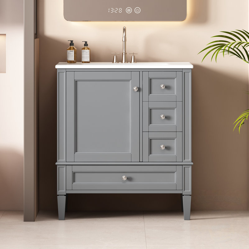 Meuble-lavabo de salle de bain avec lavabo en céramique, 1 porte et 3 tiroirs, Gris