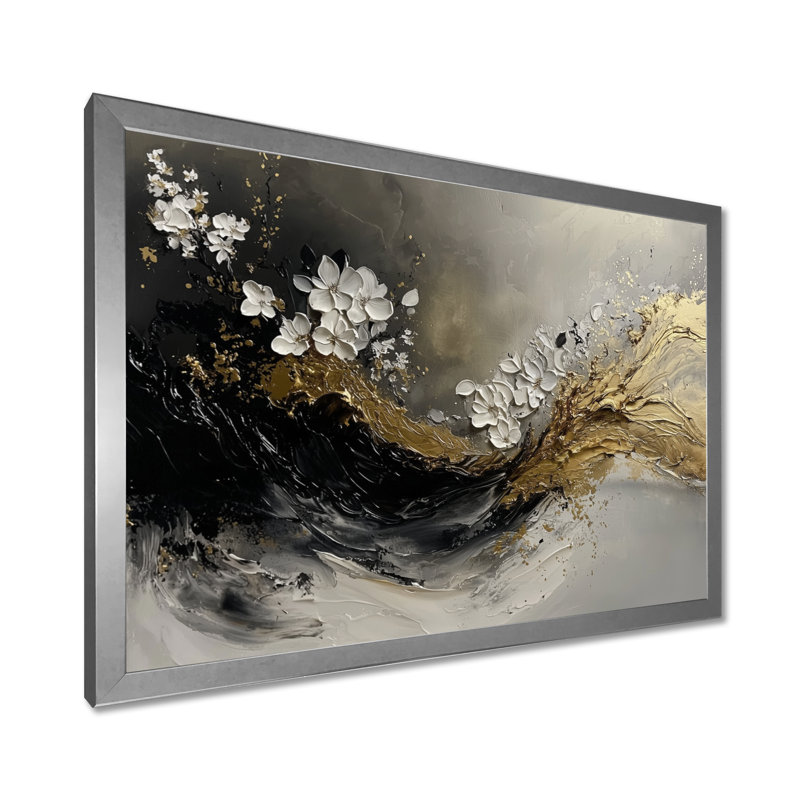 Abstrait or et fugue noire en couleur I - Art mural moderne abstrait, Argent argent, H 30 po x l 40 po, Avec cadre