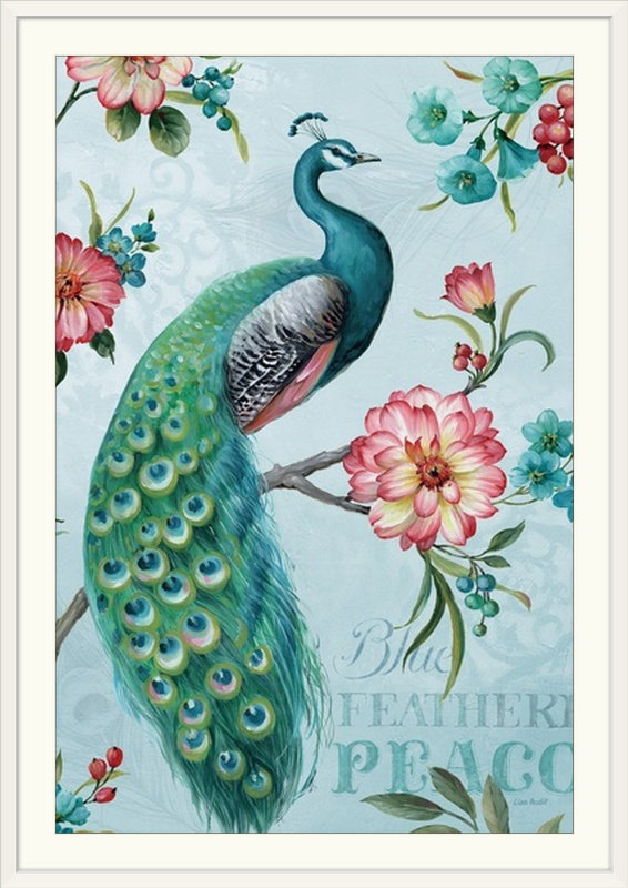 «Blue Feathered Peacock I» par Lisa Audit, impression, Cadre blanc, H 32 po x l 24 po x P 1 po