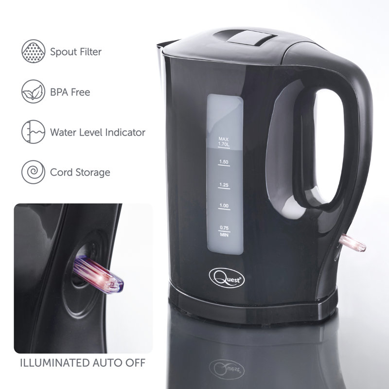 Quest 1.7L Plastic Electric Tea Kettle, Black