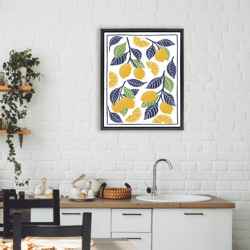 Cadre flottant à motif de citrons méditerranéen, design par Bex Morley Design, Cadre flottant noir de jais, H 21 po x l 17 po
