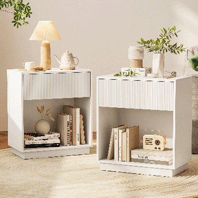 Ensemble de 2 tables de chevet cannelées, table de chevet moderne de style Mid-Century avec tiroir et tablette de rangement ouverte, table de bout pour chambre à coucher, salon, bureau, canapé (canapé blanc et chêne)