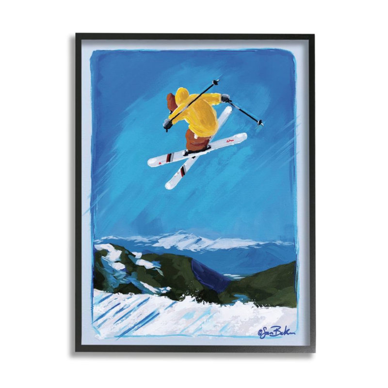 «Winter Athlete Ski Jump Snow Sports» par Sarah Baker - reproduction d'art, H 14 po x l 11 po, Giclée encadrée noir minuit