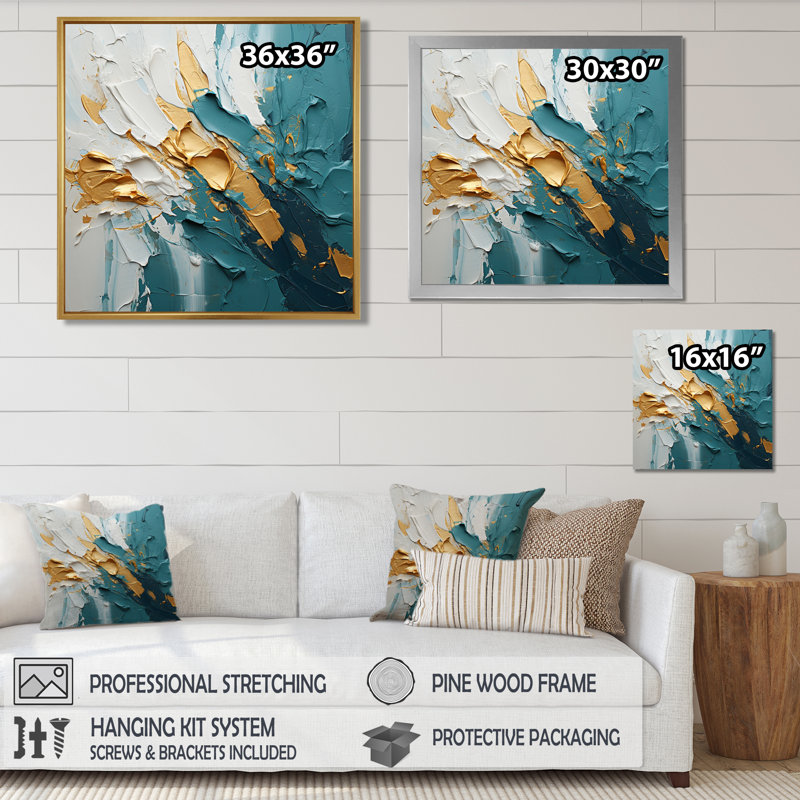 Teal Gold Ocean Bliss - vagues côtières, art mural, Toile tendue, H 16 po x l 16 po x P 1 po