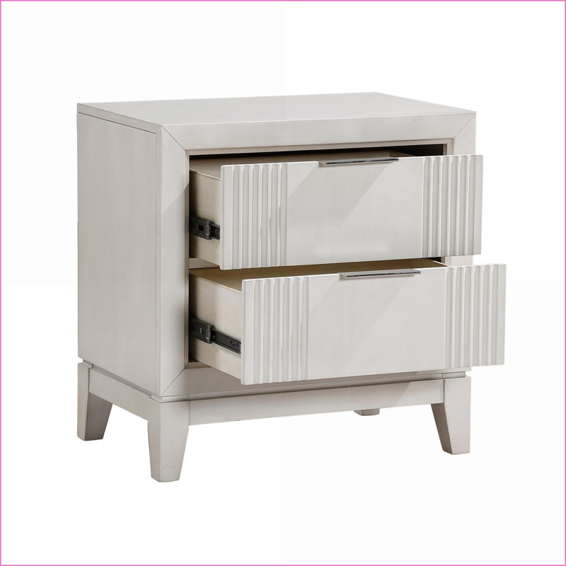 Table de chevet moderne antique blanche avec 2 tiroirs et façades en roseaux