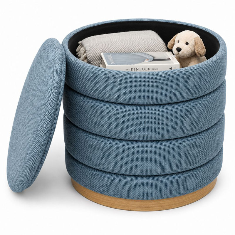 Stylish Linen Cylinder Storage Ottoman, Light Blue