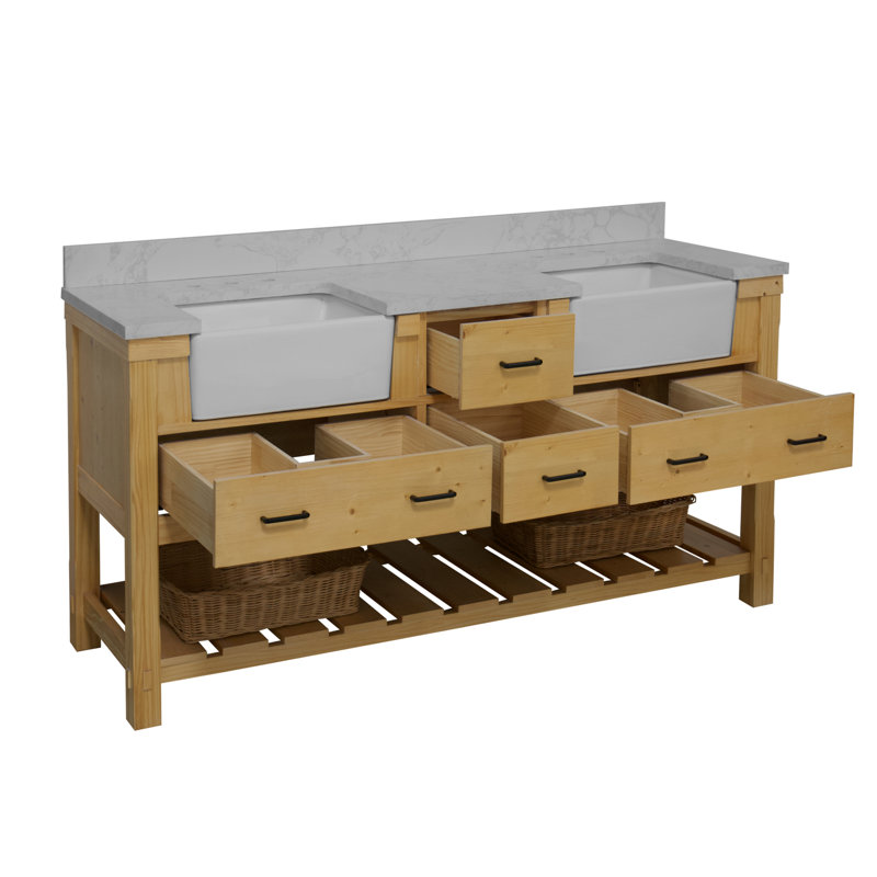 Ensemble de meuble-lavabo double 72 po Hitton, Carrare d'ingénierie, Bois flottant