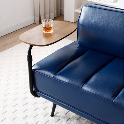 55" Width Modern End of Bed Bench,Blue Faux Leather Upholstered With side table, 360-degree Swivel tray couch,Entryway Ottoman,Window Bench with  Metal Legs for Bedroom, Living Room
